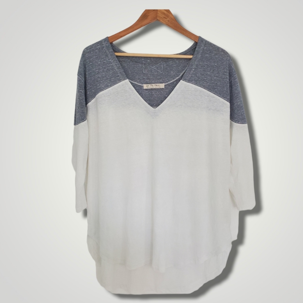 We The Free Colorblock V-Neck 3/4 Sleeve Hi-Lo Cotton Loose Fit Longline Tunic L